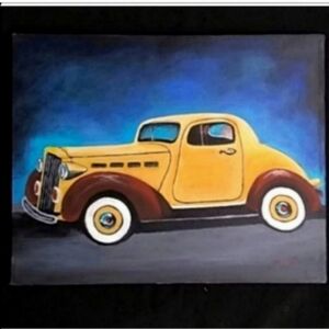 Car classic painting yellow original artist acrylic on canvas gift garage